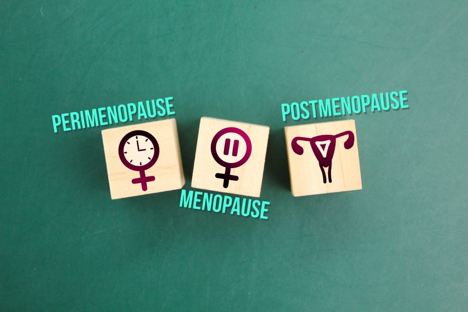 Pictures of 3 wooden blocks with menopause symbols on them for peri, menopause and post menopause